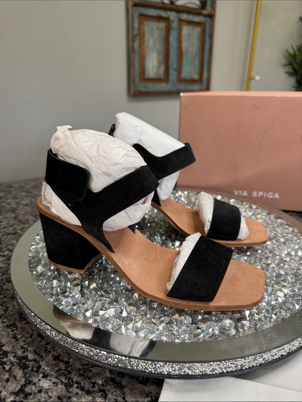 Via Spiga Black Suede leather Block Heel Sandals NEW 8
